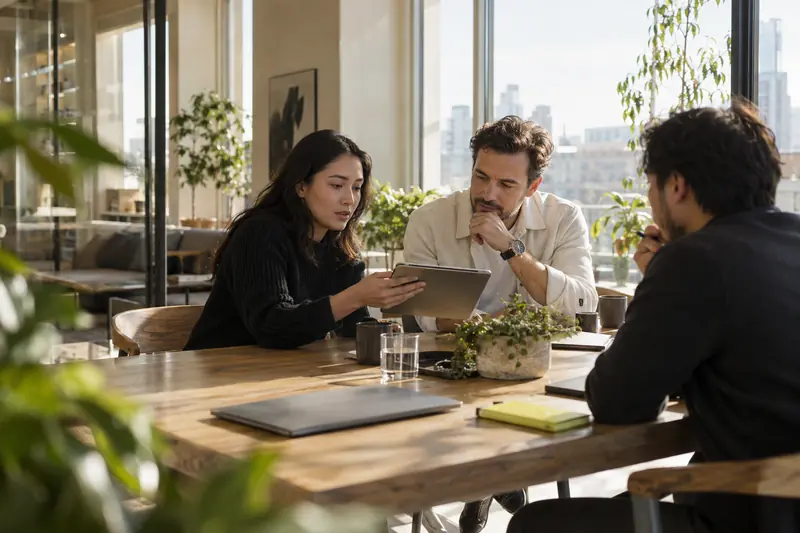 Ein Gründer und Investor diskutieren gemeinsam den nächsten Schritt