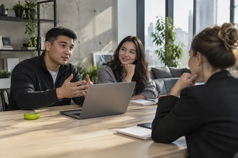 Founders discussing their startup with an investor